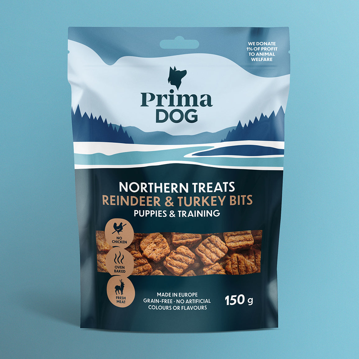 PrimaDog Northern Treats poro-kalkkunapala viljaton koiran herkku pennuille ja treenaamiseen pakkauskuva